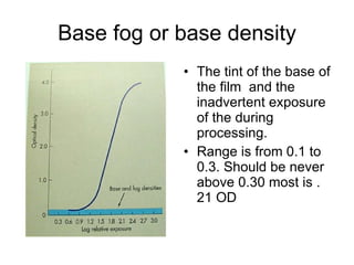 Base fog or base density The tint of the base of the film  and the inadvertent exposure of the during processing. Range is from 0.1 to 0.3. Should be never above 0.30 most is .21 OD 