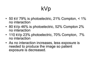 kVp 50 kV 79% is photoelectric, 21% Compton, < 1% no interaction 80 kVp 46% is photoelectric, 52% Compton 2% no interaction 110 kVp 23% photoelectric, 70% Compton,  7% no interaction  As no interaction increases, less exposure is needed to produce the image so patient exposure is decreased.  