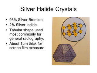 Silver Halide Crystals 98% Silver Bromide 2% Silver Iodide Tabular shape used most commonly for general radiography. About 1µm thick for screen film exposure. 
