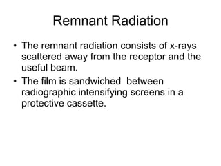 Remnant Radiation The remnant radiation consists of x-rays scattered away from the receptor and the useful beam. The film is sandwiched  between radiographic intensifying screens in a protective cassette. 