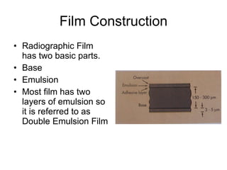 Film Construction Radiographic Film has two basic parts. Base Emulsion Most film has two layers of emulsion so it is referred to as Double Emulsion Film 