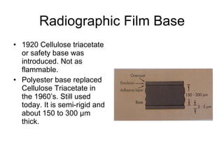 Radiographic Film Base 1920 Cellulose triacetate or safety base was introduced. Not as flammable. Polyester base replaced Cellulose Triacetate in the 1960’s. Still used today. It is semi-rigid and about 150 to 300 µm thick. 