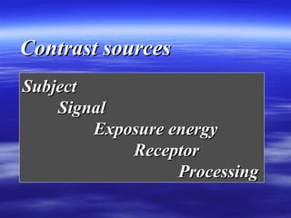 Contrast sources
Subject
Signal
Exposure energy
Receptor
Processing

 