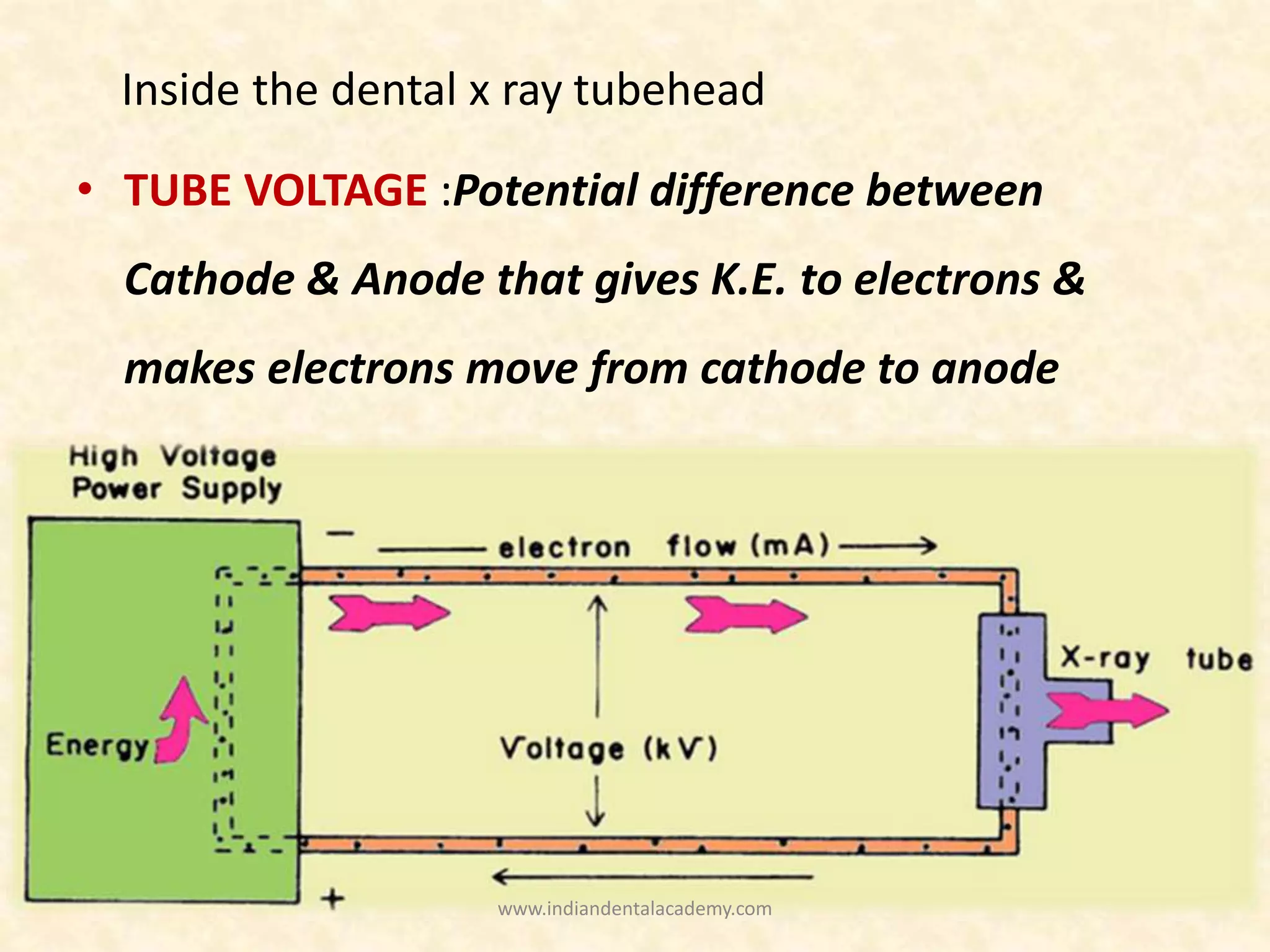 Inside the dental x ray tubehead
• TUBE VOLTAGE :Potential difference between
Cathode & Anode that gives K.E. to electrons &
makes electrons move from cathode to anode
www.indiandentalacademy.com
 