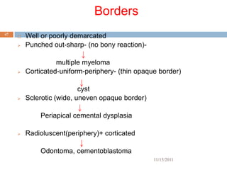 Borders
47
        Well or poorly demarcated
        Punched out-sharp- (no bony reaction)-

                   multiple myeloma
        Corticated-uniform-periphery- (thin opaque border)

                           cyst
        Sclerotic (wide, uneven opaque border)

             Periapical cemental dysplasia

        Radioluscent(periphery)+ corticated

             Odontoma, cementoblastoma
                                                  11/15/2011
 