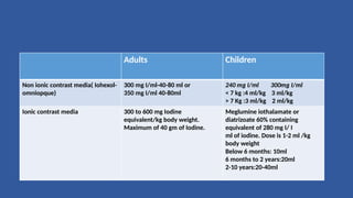 Adults Children
Non ionic contrast media( Iohexol-
omniopque)
300 mg I/ml-40-80 ml or
350 mg I/ml 40-80ml
240 mg I/ml 300mg I/ml
< 7 kg :4 ml/kg 3 ml/kg
> 7 Kg :3 ml/kg 2 ml/kg
Ionic contrast media 300 to 600 mg Iodine
equivalent/kg body weight.
Maximum of 40 gm of Iodine.
Meglumine iothalamate or
diatrizoate 60% containing
equivalent of 280 mg I/ I
ml of iodine. Dose is 1-2 ml /kg
body weight
Below 6 months: 10ml
6 months to 2 years:20ml
2-10 years:20-40ml
 