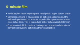 5- minute film
• 5 minute film shows nephrogram, renal pelvis, upper part of ureter
• Compression band is now applied on patient's abdomen and the
balloon is positioned on anterior superior iliac spine where ureters
cross pelvic brim. This is to produce better pelvicalyceal distension
• Compression inhibits ureteric drainage and promotes distension of
pelvicalyceal system, optimizing their visualization
 