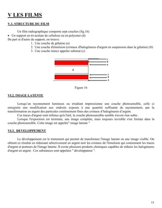 11
V LES FILMS
V.1. STRUCTURE DU FILM
Un film radiographique comporte sept couches (fig.16)
 Un support en tri-acétate de cellulose ou en polyester (d)
De part et d'autre du support, on trouve:
1. Une couche de gélatine (a)
2. Une couche d'émulsion (cristaux d'halogénures d'argent en suspension dans la gélatine) (b)
3. Une couche mince appelée substrat (c)
Figure 16
VI.2. IMAGE LATENTE
Lorsqu’un rayonnement lumineux ou irradiant impressionne une couche photosensible, celle ci
enregistre une modification aux endroits exposés à une quantité suffisante de rayonnement, par la
transformation en argent des particules extrêmement fines des cristaux d’halogénures d’argent.
Ces traces d'argent sont infimes qu'à l'œil, la couche photosensible semble n'avoir rien subie .
Lorsque l'exposition est terminée, une image complète, mais toujours invisible s'est formée dans la
couche photosensible. Cette image est appelée" image latente "
VI.3. DEVELOPPEMENT
Le développement est le traitement qui permet de transformer l'image latente en une image visible. On
obtient ce résultat en réduisant sélectivement en argent noir les cristaux de l'émulsion qui contiennent les traces
d'argent et porteurs de l'image latente. Il existe plusieurs produits chimiques capables de réduire les halogénures
d'argent en argent . Ces substances sont appelées " développateur ".
 