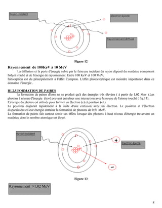 8
Figure 12
Rayonnement de 100KeV à 10 MeV
La diffusion et la perte d'énergie subie par le faisceau incident du rayon dépend du matériau composant
l'objet irradié et de l'énergie de rayonnement. Entre 100 KeV et 100 MeV,
l'absorption est du principalement à l'effet Compton. L'effet photoélectrique est moindre importance dans ce
domaine d'énergie .
III.2.5 FORMATION DE PAIRES
la formation de paires d'ions ne se produit qu'à des énergies très élevées ( à partir de 1,02 Mev ).Les
photons à niveau d'énergie élevé peuvent entraîner une interaction avec le noyau de l'atome touché ( fig.13).
L'énergie du photon est utilisée pour former un électron (e) et positron (e+).
Le positron disparaît rapidement à la suite d'une collision avec un électron. Le positron et l'électron
disparaissent et leur énergie entraîne la formation de photons de 0,51 MeV.
La formation de paires fait surtout sentir ses effets lorsque des photons à haut niveau d'énergie traversent un
matériau dont le nombre atomique est élevé.
Figure 13
Rayonnement >1,02 MeV
 