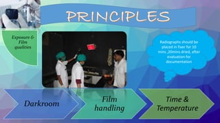 Radiographs should be
placed in fixer for 10
mins ,20mins dried, after
evaluation for
documentation
Exposure &
Film
qualities
 