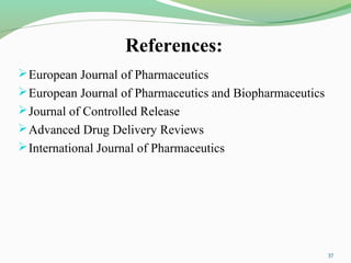 References:
European Journal of Pharmaceutics
European Journal of Pharmaceutics and Biopharmaceutics
Journal of Controlled Release
Advanced Drug Delivery Reviews
International Journal of Pharmaceutics
37
 