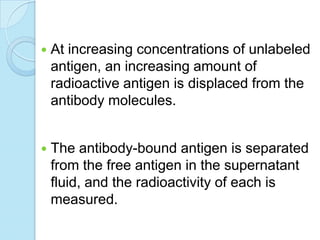  At increasing concentrations of unlabeled
antigen, an increasing amount of
radioactive antigen is displaced from the
antibody molecules.
 The antibody-bound antigen is separated
from the free antigen in the supernatant
fluid, and the radioactivity of each is
measured.
 