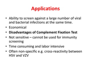 Applications
• Ability to screen against a large number of viral
and bacterial infections at the same time.
• Economical
• Disadvantages of Complement Fixation Test
• Not sensitive – cannot be used for immunity
screening
• Time consuming and labor intensive
• Often non-specific e.g. cross-reactivity between
HSV and VZV
 