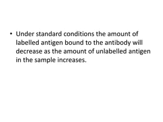 • Under standard conditions the amount of
labelled antigen bound to the antibody will
decrease as the amount of unlabelled antigen
in the sample increases.
 