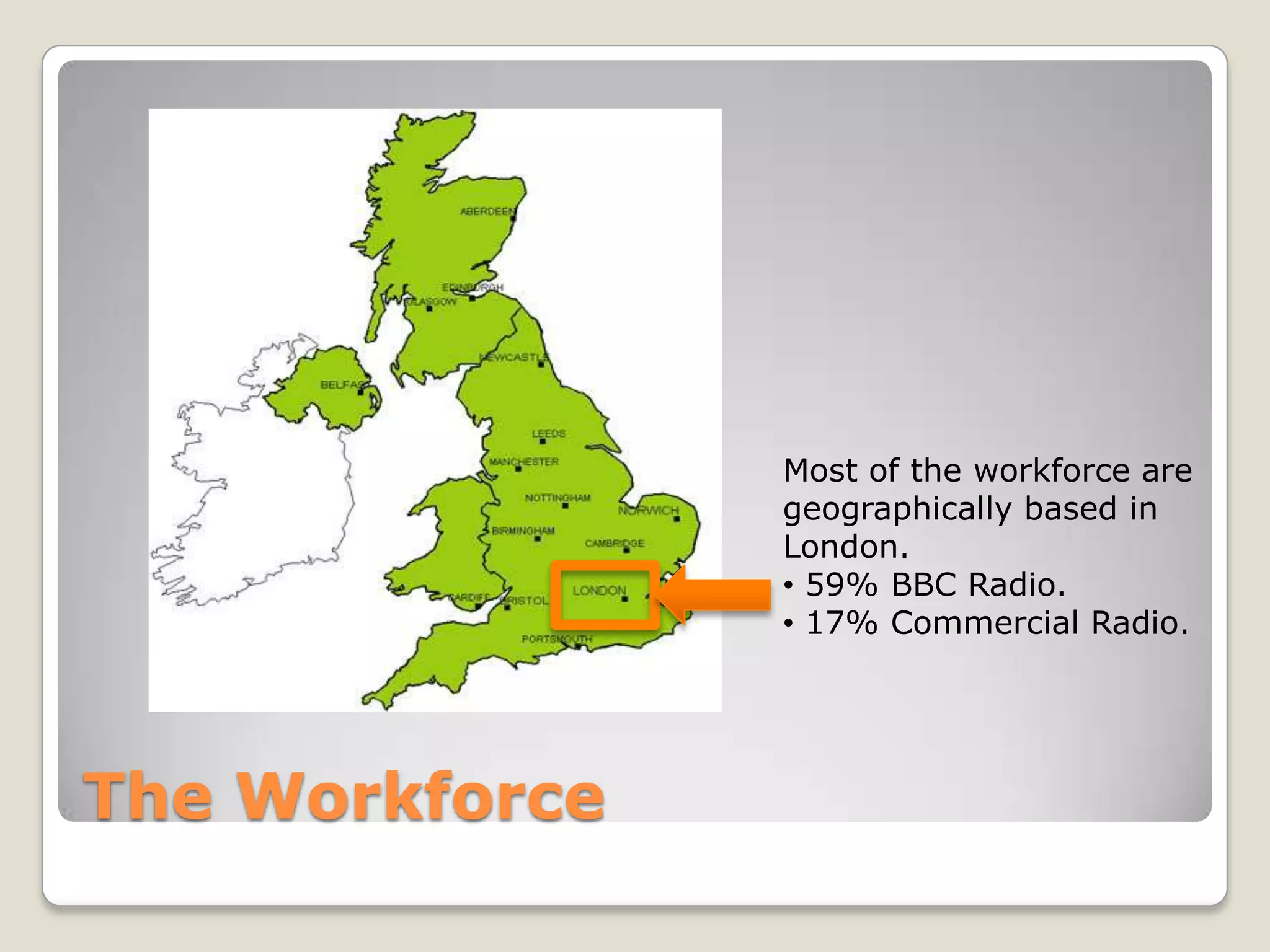 The WorkforceMost of the workforce are geographically based in London.  59% BBC Radio.
