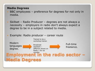  17% Commercial Radio.Employment in the radio sector – Media DegreesMedia DegreesBBC employees – preference for degrees for not only in media.Skillset – Radio Producer – degrees are not always a necessity – employers in radio don’t always expect a degree to be in a subject related to media.Example: Radio producer – career routeTrained to be a workshop trainer.Broadcast assistant – different shows on Radio 1 for six months.Modern languages degree.Full-time freelance.