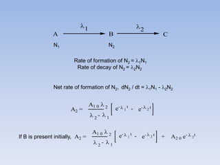 Net rate of formation of N2, dN2 / dt = 1N1 - 2N2
A B C
1 2
N1 N2
Rate of formation of N2 = 1N1
Rate of decay of N2 = 2N2
A1 0  2
 2
 1-
e- t 1 e- t 2-A2 =
If B is present initially,
A1 0  2
 2
 1-
e- t 1 e- t 2-A2 = + A2 0 e- t 2
 
