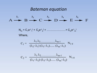 Bateman equation
A B C D E F
λ1 λ2 λ3 λ4 λ5
Nm = C1e-
1
t + C2e-
2
t + …………………+ Cme-
m
t
Where,
m-1
(((m
N1 0C1 =
m-1
(((m
N1 0C2 =
 