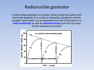 Radionuclide generator
A radionuclide generator is a system where a long lived parent and
short lived daughter is in a state of radioactive equilibrium and the
daughter radionuclide can be separated from that of the parent in a
radionuclidically as well as radiochemically pure form by using
simple separation procedure
 