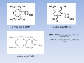 p-NCS-bezyl-DOTA p-NCS-bezyl-NOTA
p-NH2-bezyl-DOTA
DOTA -1,4,7,10-tetraazacyclododecane-1,4,7,10-
tetraacetic acid
NOTA -1,4,7-triazacyclononane-1,4,7-triacetic
acid
 