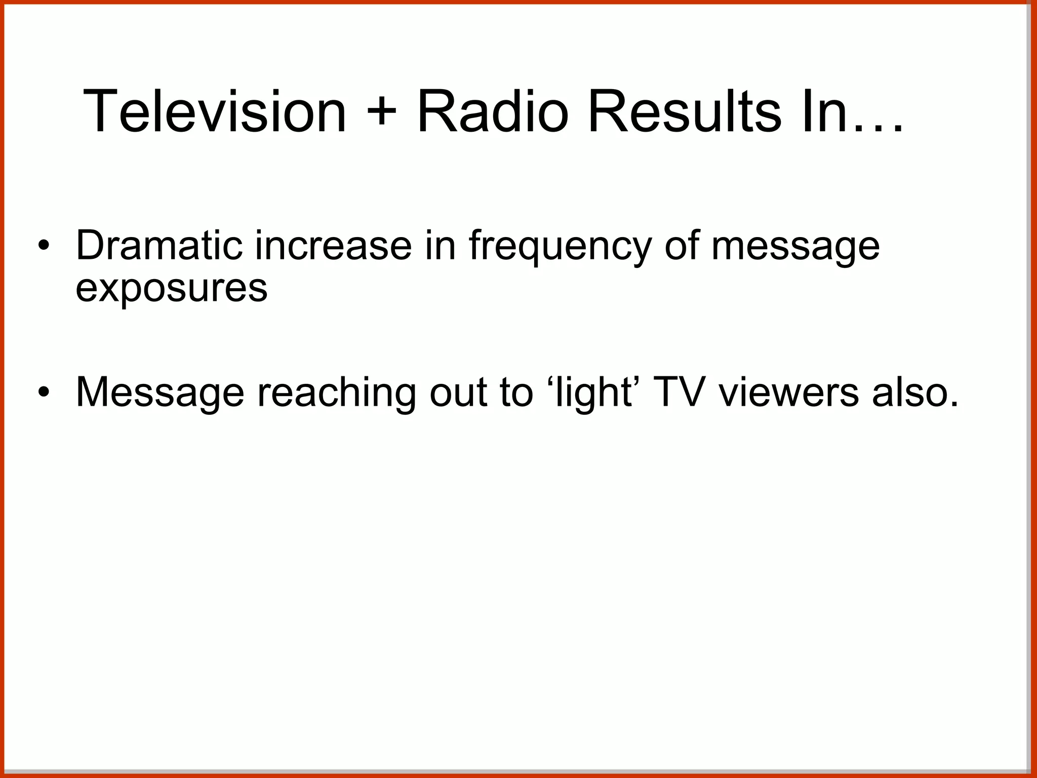 Television + Radio Results In… Dramatic increase in frequency of message exposures Message reaching out to ‘light’ TV viewers also. 