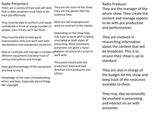 Radio Presenters
There are a variety of hard and soft skills
that a radio presenter must have to do
their job effectively.
They must be able to perform and speak
confidently in front of a large number of
people, even if they can’t see them.
They must be able to have good
improvisation skills and work well with
spontaneous and unexpected situations.
Able to multitask and manage a number of
different equipment and keep track of
various instructions and timings.
Have good knowledge of the equipment
and how to use it.
Knowledge of the rules of broadcasting
ethics and laws. Especially about things
like copyright.
They are the voice of the show.
They are the person that the
audience hear.
Most are self employed and
work on contract to the station.
Depending on the show they
may have to work with scripted,
unscripted or both styles of
presenting. Most commonly
presenters are given a loose
skeleton structure of a script to
work with.
They work closely with the
production team and take
direction from producers and
editors.
Radio Producer
They are the manager of the
whole show. They create the
content and manage aspects
to do with pre production
and performances.
They are involved in
researching information
about the content that will
be broadcast. This is to
ensure their show is up to
standard.
They are also in charge of
the budget for the show and
keep track of the resources
available to them.
They may also occasionally
be involved in presenting
and interact on air with
presenter.
 