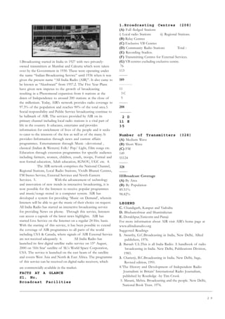 2 9
1.Broadcasting started in India in 1927 with two privately-
owned transmitters at Mumbai and Calcutta which were taken
over by the Government in 1930. These were operating under
the name “Indian Broadcasting Service” until 1936 when it was
given the present name “All India Radio (AIR)”. It also came to
be known as “Akashwani” from 1957.2. The Five Year Plans
have given new impetus to the growth of broadcasting
resulting in a Phenomenal expansion from 6 stations at the
dawn of Independence to around 200 stations at the close of
the millenium. Today, AIR’s network provides radio coverage to
97.3% of the population and reaches 90% of the total area.3.
Social responsibility and Public Service broadcasting continue to
be hallmark of AIR. The services provided by AIR on its
primary channel including local radio stations is a vital part of
life in the country. It educates, entertains and provides
information for enrichment of lives of the people and it seeks
to cater to the interests of the few as well as of the many. It
provides:-Information through news and current affairs
programmes. Entertainment through Music –devotional ,
classical (Indian  Western) Folk/ Pop/ Light, Film songs etc.
Education through extension programmes for specific audience
including farmers, women, children, youth, troops, Formal and
non formal education, Adult education, IGNOU, UGC etc. 4.
The AIR network comprises the National Channel,
Regional Stations, Local Radio Stations, Vividh Bharati Centres,
FM Stereo Service, External Services and North-Eastern
Services. 5. With the advancement of technology
and innovation of new trends in interactive broadcasting, it is
now possible for the listeners to receive popular programmes
and music/songs stored in a computer system. AIR has
developed a system for providing ‘Music on Demand’, wherein
listeners will be able to get the music of their choice on request.
All India Radio has started an interactive broadcasting service
for providing News on phone. Through this service, listeners
can access a capsule of the latest news highlights. AIR has
started Live Service on the Internet on a regular 24 Hrs. basis.
With the starting of this service, it has been possible to extend
the coverage of AIR programmes to all parts of the world
including USA  Canada, where signals of AIR External Service
are not received adequately. 6. All India Radio has
launched its first digital satellite radio service on 15th
August,
2000 on ‘Afri Star’ satellite of M/s World Space Corporation,
USA. The service is launched on the east beam of the satellite
and covers West Asia and North  East Africa. The programme
of this service can be received on digital radio receivers, which
are commercially available in the market.
FACTS AT A GLANCE
Sl. No.
Broadcast Facilities
1.Broadcasting Centres (208)
(A) Full fledged Stations
i) Local radio Stations ii) Regional Stations.
(B) Relay Centres
(C) Exclusive VB Centres
(D) Community Radio Stations Total :
(E) Recording Stadios.
(F) Transmitting Centres for External Services.
(G) VB centres excluding exclusive centre.
76
113
——-
189
-----------
11
3 C
5
——-
208
———
2 D
11 E
35
Number of Transmitters (328)
(A) Medium Wave
(B) Short Wave
(C) FM
149
55124
——-
328
——-
IIIBroadcast Coverage
(A) By Area
(B) By Population
89.51%
98.82%
LEGEND
C. Chandigarh, Kanpur and Vadodra
D. Bhubaneshwar and Shantiniketan
E. Dorakhpur,Tuticorin and Panaji
For more information about AIR visit AIR’s home page at
www.allindiaradio.org
Suggested Readings
1. Awasthy, G.C.Broadcasting in India, New Delhi, Allied
publishers, 1976.
2. Baruah U.L.This is all India Radio: A handbook of radio
broadcasting in India. New Delhi, Publications Division,
1983.
3. Chatterji, B.C.Broadcasting in India. New Delhi, Sage,
Revised edition, 1991.
4.‘The History and Development of Independent Radio
Journalism in Britain’ International Radio Journalism,
published by Routledge -by Tim Crook
5. Masani, Mehra. Broadcasting and the people. New Delhi,
National Book Trust. 1976.
 