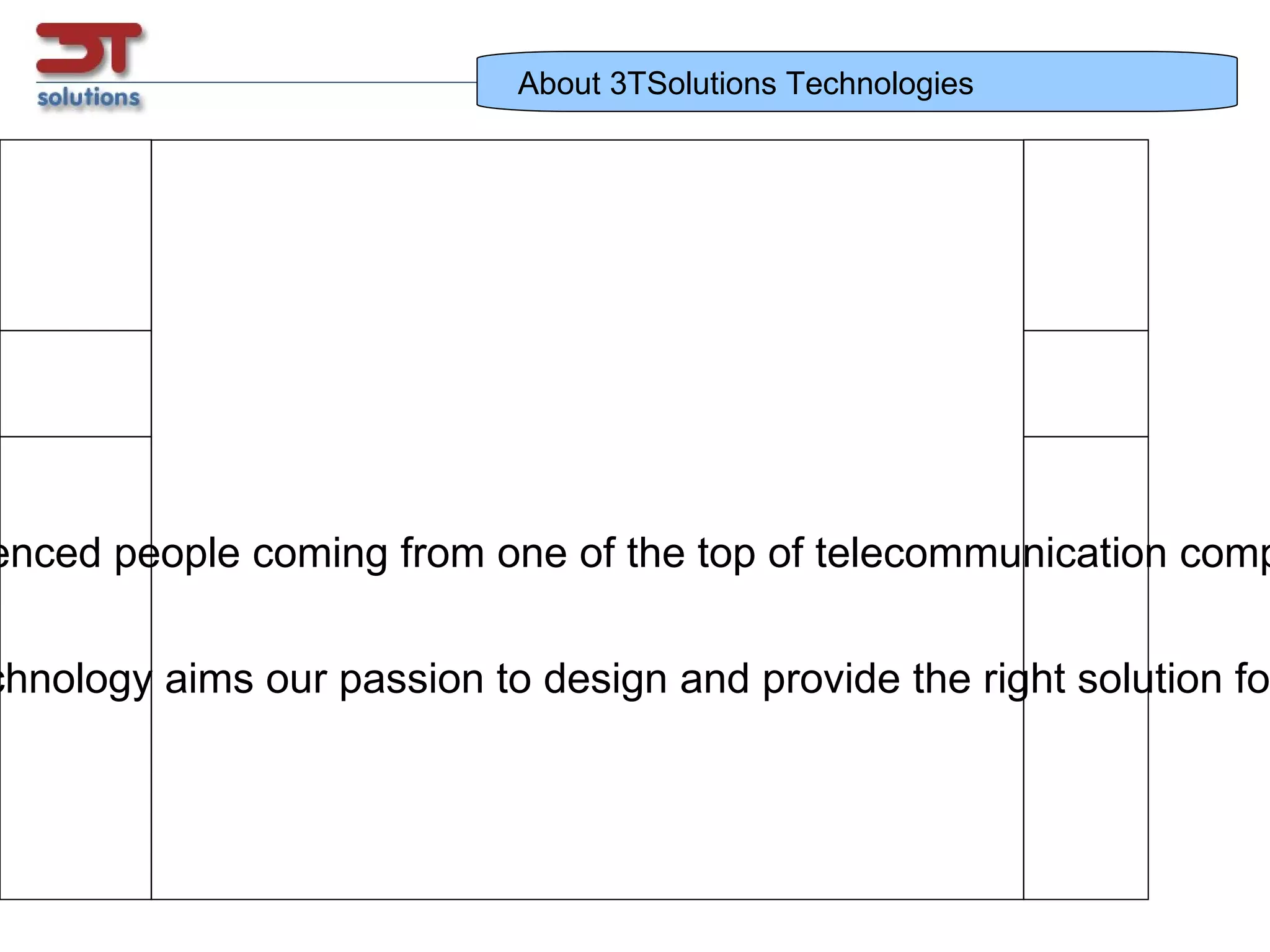 About 3TSolutions Technologies Established in 2007. Private and Self funded from a group of experienced people coming from one of the top of telecommunication company. The strong and deep knowledge of wireless technology aims our passion to design and provide the right solution for AAA/RADIUS and policy control for WISP companies. 