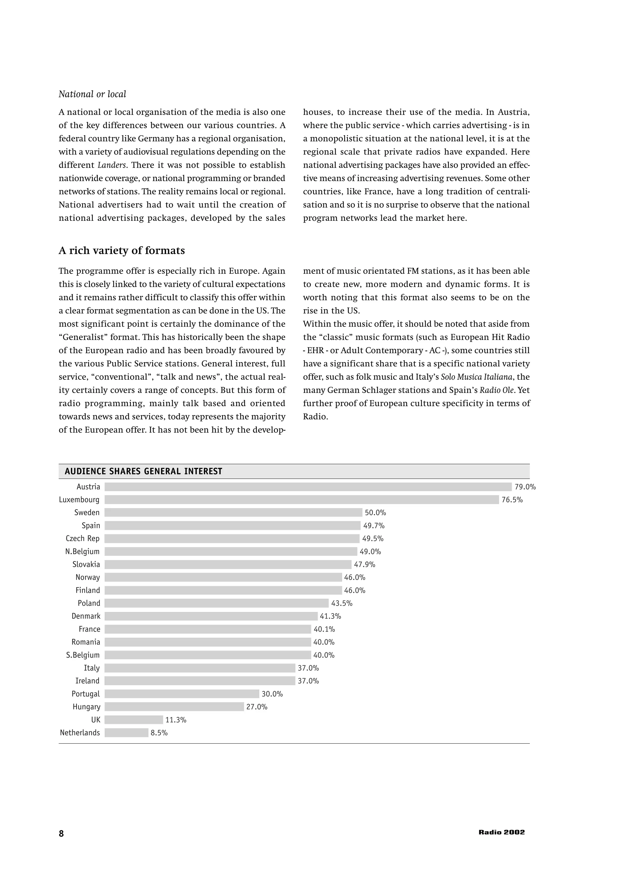 National or local
A national or local organisation of the media is also one         houses, to increase their use of the media. In Austria,
of the key differences between our various countries. A           where the public service - which carries advertising - is in
federal country like Germany has a regional organisation,         a monopolistic situation at the national level, it is at the
with a variety of audiovisual regulations depending on the        regional scale that private radios have expanded. Here
different Landers. There it was not possible to establish         national advertising packages have also provided an effec-
nationwide coverage, or national programming or branded           tive means of increasing advertising revenues. Some other
networks of stations. The reality remains local or regional.      countries, like France, have a long tradition of centrali-
National advertisers had to wait until the creation of            sation and so it is no surprise to observe that the national
national advertising packages, developed by the sales             program networks lead the market here.


A rich variety of formats
The programme offer is especially rich in Europe. Again           ment of music orientated FM stations, as it has been able
this is closely linked to the variety of cultural expectations    to create new, more modern and dynamic forms. It is
and it remains rather difficult to classify this offer within     worth noting that this format also seems to be on the
a clear format segmentation as can be done in the US. The         rise in the US.
most significant point is certainly the dominance of the          Within the music offer, it should be noted that aside from
“Generalist” format. This has historically been the shape         the “classic” music formats (such as European Hit Radio
of the European radio and has been broadly favoured by            - EHR - or Adult Contemporary - AC -), some countries still
the various Public Service stations. General interest, full       have a significant share that is a specific national variety
service, “conventional”, “talk and news”, the actual real-        offer, such as folk music and Italy’s Solo Musica Italiana, the
ity certainly covers a range of concepts. But this form of        many German Schlager stations and Spain’s Radio Ole. Yet
radio programming, mainly talk based and oriented                 further proof of European culture specificity in terms of
towards news and services, today represents the majority          Radio.
of the European offer. It has not been hit by the develop-



    AUDIENCE SHARES GENERAL INTEREST
      Austria                                                                                                               79.0%
Luxembourg                                                                                                               76.5%
      Sweden                                                                         50.0%
        Spain                                                                        49.7%
    Czech Rep                                                                        49.5%
    N.Belgium                                                                       49.0%
     Slovakia                                                                      47.9%
      Norway                                                                     46.0%
      Finland                                                                    46.0%
       Poland                                                              43.5%
     Denmark                                                             41.3%
       France                                                       40.1%
     Romania                                                        40.0%
    S.Belgium                                                       40.0%
        Italy                                                    37.0%
      Ireland                                                    37.0%
     Portugal                                          30.0%
     Hungary                                       27.0%
          UK                 11.3%
Netherlands              8.5%




8                                                                                                                 Radio 2002
 