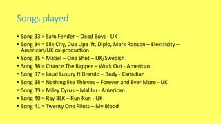 Songs played
• Song 33 = Sam Fender – Dead Boys - UK
• Song 34 = Silk City, Dua Lipa ft. Diplo, Mark Ronson – Electricity –
American/UK co-production
• Song 35 = Mabel – One Shot – UK/Swedish
• Song 36 = Chance The Rapper – Work Out - American
• Song 37 = Loud Luxury ft Brando – Body - Canadian
• Song 38 = Nothing like Thieves – Forever and Ever More - UK
• Song 39 = Miley Cyrus – Malibu - American
• Song 40 = Ray BLK – Run Run - UK
• Song 41 = Twenty One Pilots – My Blood
 