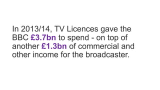 In 2013/14, TV Licences gave the
BBC £3.7bn to spend - on top of
another £1.3bn of commercial and
other income for the broadcaster.
 