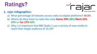 1. rajar infographics:
a) What percentage of listeners access radio via digital platforms? 48.8%
b) Where do they listen to radio the most Home 59% 68%/Work 23%
22% or Car 17% 64%
c) Why is it important that BBC Radio 1 use a variety of new media to
reach their target audience of 15-29?
Ratings?
 