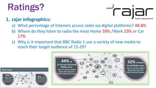 1. rajar infographics:
a) What percentage of listeners access radio via digital platforms? 48.8%
b) Where do they listen to radio the most Home 59% /Work 23% or Car
17%
c) Why is it important that BBC Radio 1 use a variety of new media to
reach their target audience of 15-29?
Ratings?
 
