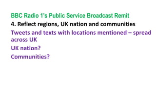 BBC Radio 1’s Public Service Broadcast Remit
4. Reflect regions, UK nation and communities
Tweets and texts with locations mentioned – spread
across UK
UK nation?
Communities?
 