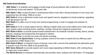 BBC Radio Brand Identities
• BBC Radio 1: to entertain and engage a broad range of young listeners with a distinctive mix of
contemporary music and speech. 15-29 year olds
 BBC Radio 1 Xtra: to play the best in contemporary black music with a strong emphasis on live music and
supporting new UK artists. DAB an on-line
 BBC Radio 2: to be a distinctive mixed music and speech service, targeted at a broad audience, appealing
to all age groups over 35.
 BBC Radio 3: to offer a mix of music and cultural programming in order to engage and entertain its
audience.
 BBC Radio 4: to be a mixed speech service, offering in-depth news and current affairs and a wide range of
other speech output including drama, readings, comedy, factual and magazine programmes.
 BBC Radio 4 Extra: to provide speech-based entertainment. Its schedule includes comedy, drama, stories,
features, readings and programmes that appeal to children.
 BBC Radio 5 Live: to provide live news and sports coverage.
 BBC Radio 5 Live Sports Extra: to bring a greater choice of live action to sports fans by offering a part-
time extension of BBC Radio 5 live.
 BBC Radio 6 Music: to entertain lovers of popular music with a service that celebrates the alternative spirit
in popular music from the 1960s to the present day.
 BBC Asian Network: to provide speech and music output appealing to British Asians, with a strong focus
on news and current affairs.
 The World Service is broadcast internationally and provides news, analysis and information. 27 languages
 