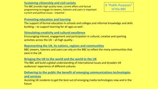 Sustaining citizenship and civil society
The BBC provides high-quality news, current affairs and factual
programming to engage its viewers, listeners and users in important
current and political issues - impartial -
Promoting education and learning
The support of formal education in schools and colleges and informal knowledge and skills
building – to support learning for all ages as well -
Stimulating creativity and cultural excellence
Encouraging interest, engagement and participation in cultural, creative and sporting
activities across the UK – all high quality -
Representing the UK, its nations, regions and communities
BBC viewers, listeners and users can rely on the BBC to reflect the many communities that
exist in the UK
Bringing the UK to the world and the world to the UK
The BBC will build a global understanding of international issues and broaden UK
audiences' experience of different cultures
Delivering to the public the benefit of emerging communications technologies
and services
Assisting UK residents to get the best out of emerging media technologies now and in the
future
6 “Public Purposes”
of the BBC
 