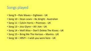 Songs played
• Song 9 – Pale Waves – Eighteen - UK
• Song 10 – Dean Lewis – Be Alright - Australian
• Song 11 – Calvin Harris – Promises - UK
• Song 13 – Jess Glynn – All I Am - UK
• Song 14 – Wolf Alice – Don’t Delete The Kisses - UK
• Song 15 – Bring Me The Horizon – Mantra - UK
• Song 16 – HRVY – I wish you were here - UK
 