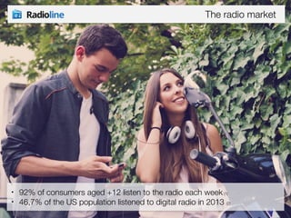 The radio market 
• 92% of consumers aged +12 listen to the radio each week (1) 
• 46,7% of the US population listened to digital radio in 2013 (2) 
 