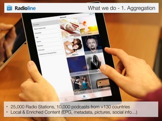 What we do - 1. Aggregation 
• 25,000 Radio Stations, 10,000 podcasts from +130 countries 
• Local & Enriched Content (EPG, metadata, pictures, social info…) 
 