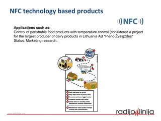 NFC technology based products
Applications such as:
Control of perishable food products with temperature control (considered a project
for the largest producer of dairy products in Lithuania AB "Pieno Žvaigždės"
Status: Marketing research.
 
