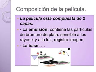 Composición de la película.
La película esta compuesta de 2
capas:
 - La emulsión: contiene las partículas
de bromuro de plata. sensible a los
rayos x y a la luz, registra imagen.
 - La base: …


 