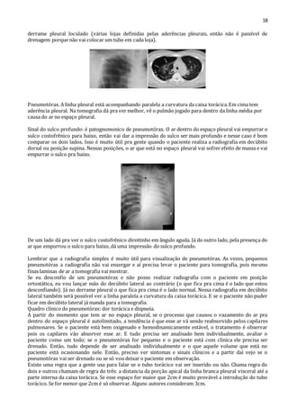 18 
derrame pleural loculado (várias lojas definidas pelas aderências pleurais, então não é passível de 
drenagem porque não vai colocar um tubo em cada loja). 
Pneumotórax. A linha pleural está acompanhando paralela a curvatura da caixa torácica. Em cima tem 
aderência pleural. Na tomografia dá pra ver melhor, vê o pulmão jogado para dentro da linha média por 
causa do ar no espaço pleural. 
Sinal do sulco profundo: é patognomonico de pneumotórax. O ar dentro do espaço pleural vai empurrar o 
sulco costofrênico para baixo, então vai dar a impressão do sulco ser mais profundo e nesse caso é bom 
comparar os dois lados. Isso é muito útil pra gente quando o paciente realiza a radiografia em decúbito 
dorsal ou posição supina. Nessas posições, o ar que está no espaço pleural vai sofrer efeito de massa e vai 
empurrar o sulco pra baixo. 
De um lado dá pra ver o sulco costofrênico direitinho em ângulo aguda. Já do outro lado, pela presença do 
ar que empurrou o sulco para baixo, dá uma impressão do sulco profundo. 
Lembrar que a radiografia simples é muito útil para visualização de pneumotórax. As vezes, pequenos 
pneumotórax a radiografia não vai enxergar e aí precisa levar o paciente para tomografia, pois mesmo 
finas laminas de ar a tomografia vai mostrar. 
Se eu desconfio de um pneumotórax e não posso realizar radiografia com o paciente em posição 
ortostática, eu vou lançar mão do decúbito lateral ao contrário (o que fica pra cima é o lado que estou 
desconfiando). Já no derrame pleural o que fica pra cima é o lado normal. Nessa radiografia em decúbito 
lateral também será possível ver a linha paralela a curvatura da caixa torácica. E se o paciente não puder 
ficar em decúbito lateral já manda para a tomografia. 
Quadro clínico do pneumotórax: dor torácica e dispneia. 
A partir do momento que tem ar no espaço pleural, se o processo que causou o vazamento do ar pra 
dentro do espaço pleural é autolimitado, a tendência é que esse ar vá sendo reabsorvido pelos capilares 
pulmonares. Se o paciente está bem oxigenado e hemodinamicamente estável, o tratamento é observar 
pois os capilares vão absorver esse ar. E tudo precisa ser analisado bem individualmente, avaliar o 
paciente como um todo; se o pneumotórax for pequeno e o paciente está com clinica ele precisa ser 
drenado. Então, tudo depende de ser analisado individualmente e o que aquele volume que está no 
paciente está ocasionando nele. Então, preciso ver sintomas e sinais clínicos e a partir daí vejo se o 
pneumotórax vai ser drenado ou se só vou deixar o paciente em observação. 
Existe uma regra que a gente usa para falar se o tubo torácico vai ser inserido ou não. Chama regra do 
dois e outros chamam de regra do três: a distancia da porção apical da linha branca pleural visceral até a 
parte interna da caixa torácica. Se esse espaço for maior que 2cm é muito provável a introdução do tubo 
torácico. Se for menor que 2cm é só observar. Alguns autores consideram 3cm. 
 