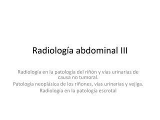 Radiología abdominal III
Radiología en la patología del riñón y vías urinarias de
causa no tumoral.
Patología neoplásica de los riñones, vías urinarias y vejiga.
Radiología en la patología escrotal
 