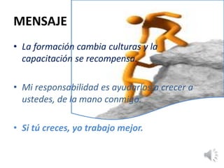 MENSAJE
• La formación cambia culturas y la
capacitación se recompensa.
• Mi responsabilidad es ayudarlos a crecer a
ustedes, de la mano conmigo.
• Si tú creces, yo trabajo mejor.
 
