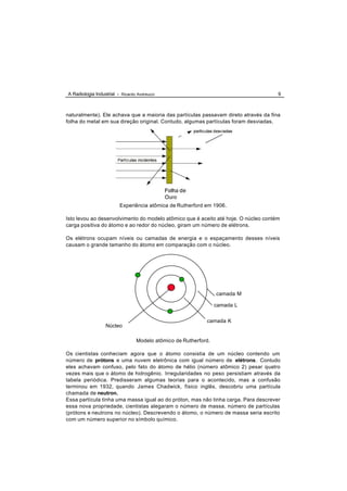 A Radiologia Industrial - Ricardo Andreucci                                          9



naturalmente). Ele achava que a maioria das partículas passavam direto através da fina
folha do metal em sua direção original. Contudo, algumas partículas foram desviadas.




                         Experiência atômica de Rutherford em 1906.

Isto levou ao desenvolvimento do modelo atômico que é aceito até hoje. O núcleo contém
carga positiva do átomo e ao redor do núcleo, giram um número de elétrons.

Os elétrons ocupam níveis ou camadas de energia e o espaçamento desses níveis
causam o grande tamanho do átomo em comparação com o núcleo.




                                                                 camada M

                                                                 camada L


                                                            camada K
                  Núcleo

                                 Modelo atômico de Rutherford.

Os cientistas conheciam agora que o átomo consistia de um núcleo contendo um
número de prótons e uma nuvem eletrônica com igual número de elétrons. Contudo
eles achavam confuso, pelo fato do átomo de hélio (número atômico 2) pesar quatro
vezes mais que o átomo de hidrogênio. Irregularidades no peso persistiam através da
tabela periódica. Predisseram algumas teorias para o acontecido, mas a confusão
terminou em 1932, quando James Chadwick, físico inglês, descobriu uma partícula
chamada de neutron.
Essa partícula tinha uma massa igual ao do próton, mas não tinha carga. Para descrever
essa nova propriedade, cientistas alegaram o número de massa, número de partículas
(prótons e neutrons no núcleo). Descrevendo o átomo, o número de massa seria escrito
com um número superior no símbolo químico.
 