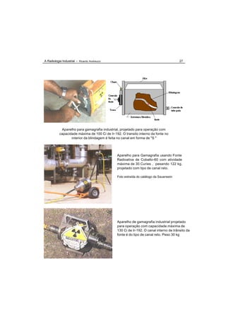 A Radiologia Industrial - Ricardo Andreucci                                             27




            Aparelho para gamagrafia industrial, projetado para operação com
           capacidade máxima de 100 Ci de Ir-192. O transito interno da fonte no
                  interior da blindagem é feita no canal em forma de "S "




                                               Aparelho para Gamagrafia usando Fonte
                                               Radioativa de Cobalto-60 com atividade
                                               máxima de 30 Curies , pesando 122 kg,
                                               projetado com tipo de canal reto.

                                               Foto extraída do catálogo da Sauerwein




                                               Aparelho de gamagrafia industrial projetado
                                               para operação com capacidade máxima de
                                               130 Ci de Ir-192. O canal interno de trânsito da
                                               fonte é do tipo de canal reto. Peso 30 kg
 