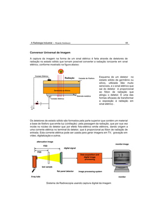 A Radiologia Industrial - Ricardo Andreucci                                                                     44



Conversor Universal de Imagem

A captura da imagem na forma de um sinal elétrico é feita através de detetores de
radiação no estado sólido que tornam possível converter a radiação ionizante em sinal
elétrico, conforme mostrado na figura abaixo:



     Contato Elétrico
                                           Radiação                                    Esquema de um detetor no
                                                              Camada de Fósforo
                                                                                       estado sólido de germânio ou
                                                                                       silício, utilizada São muito
                                                                                       sensíveis, e o sinal elétrico que
                                                                                       sai do detetor é proporcional
                            Germânio ou Silício
                                                                                       ao fóton de radiação que
                                                            Eletrodo metálico
                                                                                       atingiu o detetor. É uma das
                        Contato Elétrico                                               formas eficazes de transformar
       R                                                                               a exposição à radiação em
                                                                                       sinal elétrico .
i




Os detetores de estado sólido são formados pela parte superior que contém um material
a base de fósforo que emite luz (cintilação) pela passagem da radiação, que por sua vez
incide no núcleo do detetor que por efeito foto-elétrico emite elétrons, dando origem a
uma corrente elétrica no terminal do detetor, que é proporcional ao fóton de radiação de
entrada. Esta corrente elétrica pode ser usada para gerar imagens em TV, gravação em
vídeo, digitalização e outros.

       attenuation image
                                                                                                      monitor image
               FDD
                                           digital signal

       FOD
                                                                Data acquisition and
                                                                   digital image
                                                                    processing


              test sample

                               flat panel detector           image processing system

 X-ray tube                                                                                              monitor


                  Sistema de Radioscopia usando captura digital da imagem
 