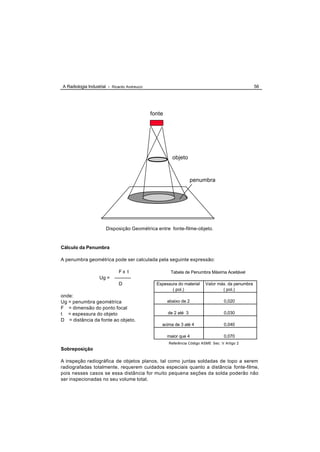 A Radiologia Industrial - Ricardo Andreucci                                                       56




                                              fonte




                                                        objeto



                                                                   penumbra




                       Disposição Geométrica entre fonte-filme-objeto.


Cálculo da Penumbra

A penumbra geométrica pode ser calculada pela seguinte expressão:

                              Fx t                     Tabela de Penumbra Máxima Aceitável
                   Ug =    ----------
                              D                 Espessura do material    Valor máx. da penumbra
                                                       ( pol.)                   ( pol.)
onde:
Ug = penumbra geométrica                              abaixo de 2                  0,020
F = dimensão do ponto focal
t = espessura do objeto                               de 2 até 3                   0,030
D = distância da fonte ao objeto.
                                                  acima de 3 até 4                 0,040

                                                      maior que 4                  0,070
                                                      Referência Código ASME Sec. V Artigo 2
Sobreposição

A inspeção radiográfica de objetos planos, tal como juntas soldadas de topo a serem
radiografadas totalmente, requerem cuidados especiais quanto a distância fonte-filme,
pois nesses casos se essa distância for muito pequena seções da solda poderão não
ser inspecionadas no seu volume total.
 