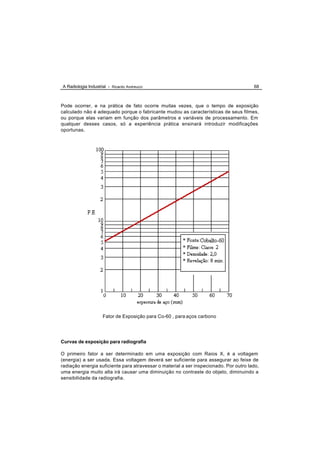 A Radiologia Industrial - Ricardo Andreucci                                            68



Pode ocorrer, e na prática de fato ocorre muitas vezes, que o tempo de exposição
calculado não é adequado porque o fabricante mudou as características de seus filmes,
ou porque elas variam em função dos parâmetros e variáveis de processamento. Em
qualquer desses casos, só a experiência prática ensinará introduzir modificações
oportunas.




                     Fator de Exposição para Co-60 , para aços carbono




Curvas de exposição para radiografia

O primeiro fator a ser determinado em uma exposição com Raios X, é a voltagem
(energia) a ser usada. Essa voltagem deverá ser suficiente para assegurar ao feixe de
radiação energia suficiente para atravessar o material a ser inspecionado. Por outro lado,
uma energia muito alta irá causar uma diminuição no contraste do objeto, diminuindo a
sensibilidade da radiografia.
 