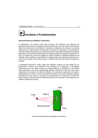 A Radiologia Industrial - Ricardo Andreucci                                              7




  P      rincípios e Fundamentos

Descrição Genérica do Método e Aplicações

A radiografia é um método usado para inspeção não destrutiva que baseia-se na
absorção diferenciada da radiação penetrante pela peça que está sendo inspecionada.
Devido às diferenças na densidade e variações na espessura do material, ou mesmo
diferenças nas características de absorção causadas por variações na composição do
material, diferentes regiões de uma peça absorverão quantidades diferentes da radiação
penetrante. Essa absorção diferenciada da radiação poderá ser detectada através de um
filme, ou através de um tubo de imagem ou mesmo medida por detetores eletrônicos de
radiação. Essa variação na quantidade de radiação absorvida, detectada através de um
meio, irá nos indicar, entre outras coisas, a existência de uma falha interna ou defeito no
material.

A radiografia industrial é então usada para detectar variação de uma região de um
determinado material que apresenta uma diferença em espessura ou densidade
comparada com uma região vizinha, em outras palavras, a radiografia é um método
capaz de detectar com boas sensibilidade defeitos volumétricos. Isto quer dizer que a
capacidade do processo de detectar defeitos com pequenas espessuras em planos
perpendiculares ao feixe, como trinca dependerá da técnica de ensaio realizado. Defeitos
volumétricos como vazios e inclusões que apresentam uma espessura variável em
todas direções, serão facilmente detectadas desde que não sejam muito pequenos em
relação à espessura da peça.




                                                           Peça



                    Fonte                 Raios X




                               Descontinuidade
                                                                  Filme



                      Técnica Geral de Ensaio Radiográfico na indústria
 